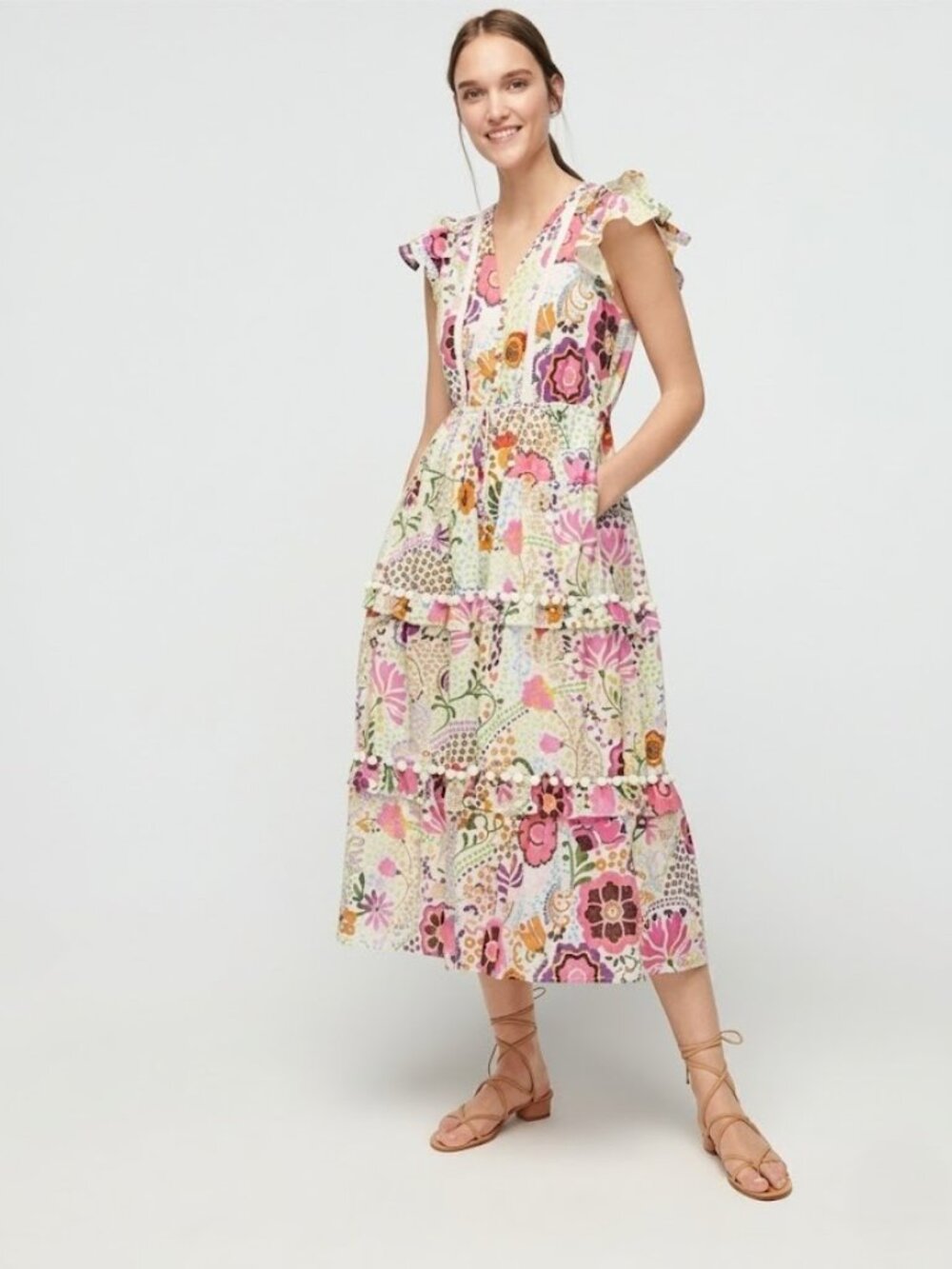 NWT J.Crew Pom-pom Midi in Ratti® Retro Floral Cotton Tiered Dress 0 $278